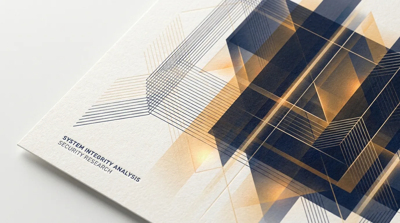 Editorial composition of geometric line work in navy and ochre over paper, representing security research and system integrity analysis.